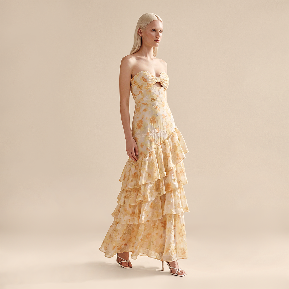Wedding Guest Maxi A-Line Polyester Boho Strapless Floral Print Tiered Ruffle Dress - MYTHSIS