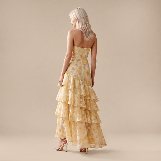 Wedding Guest Maxi A-Line Polyester Boho Strapless Floral Print Tiered Ruffle Dress - MYTHSIS