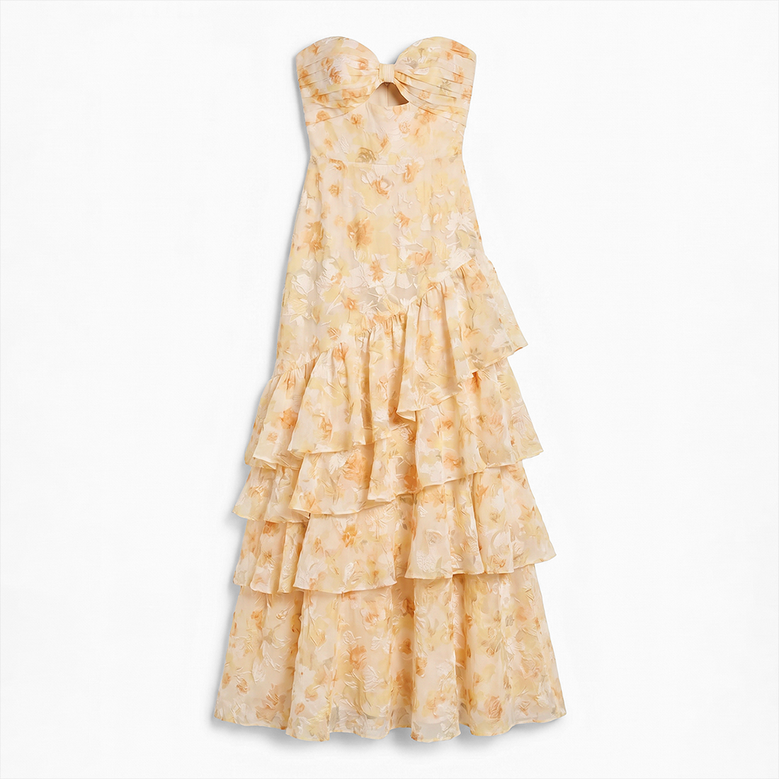 Wedding Guest Maxi A-Line Polyester Boho Strapless Floral Print Tiered Ruffle Dress - MYTHSIS