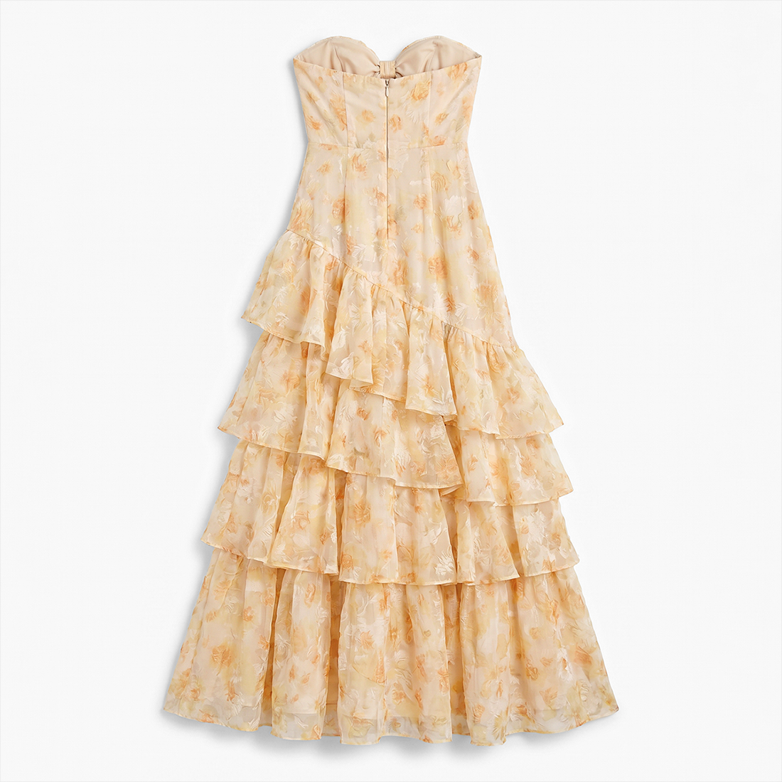 Wedding Guest Maxi A-Line Polyester Boho Strapless Floral Print Tiered Ruffle Dress - MYTHSIS