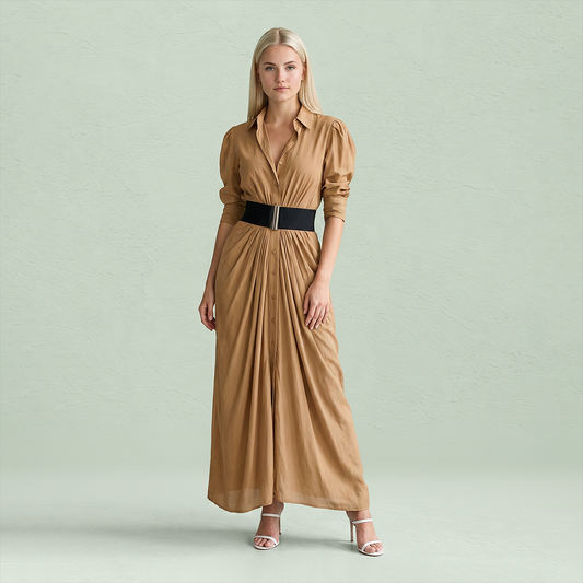 Work & Office Maxi Shirt Dress Polyester Chic Shirt Collar Solid Belted Long Sleeve Dress - MYTHSIS
