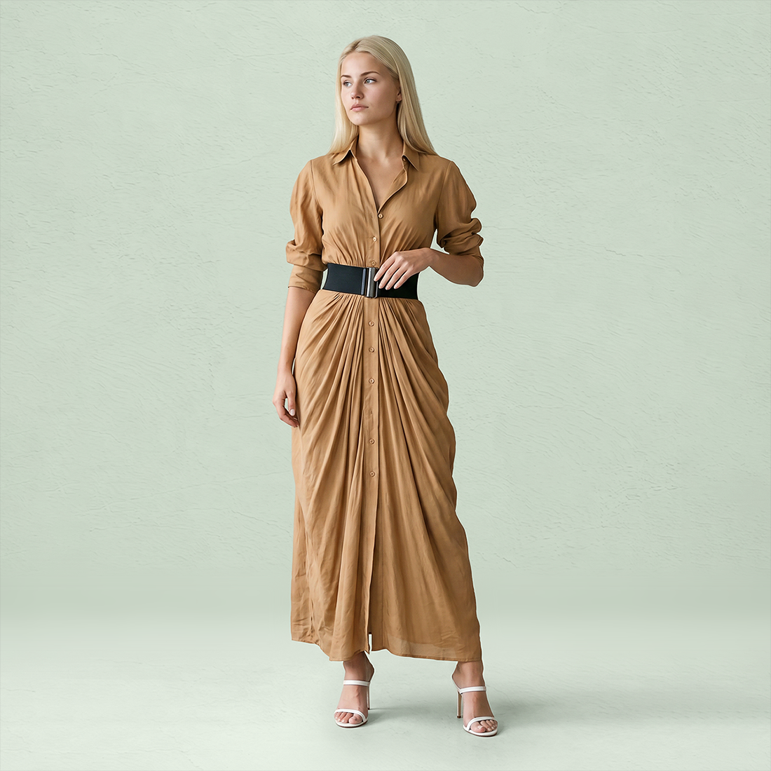 Work & Office Maxi Shirt Dress Polyester Chic Shirt Collar Solid Belted Long Sleeve Dress - MYTHSIS
