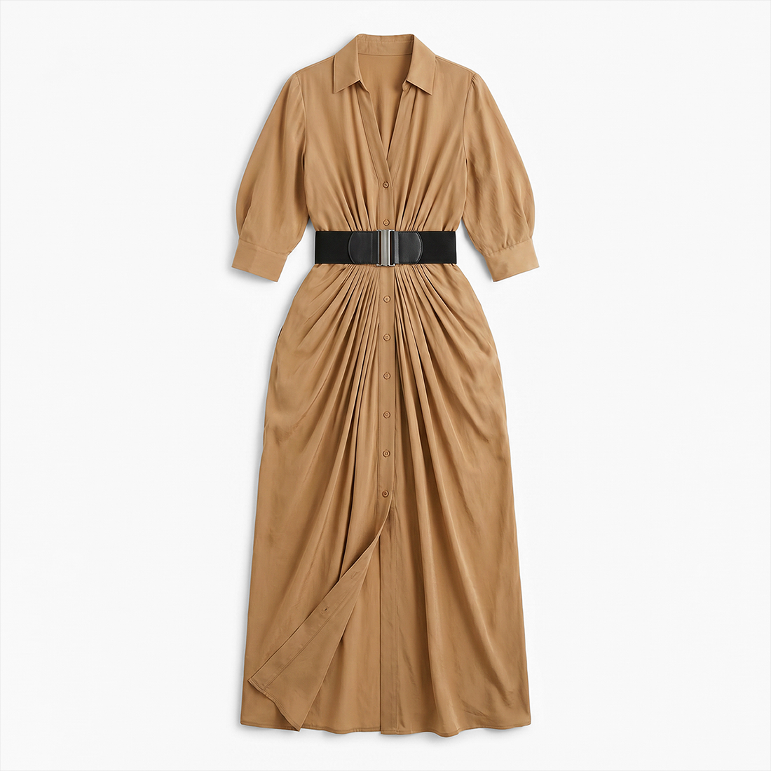 Work & Office Maxi Shirt Dress Polyester Chic Shirt Collar Solid Belted Long Sleeve Dress - MYTHSIS