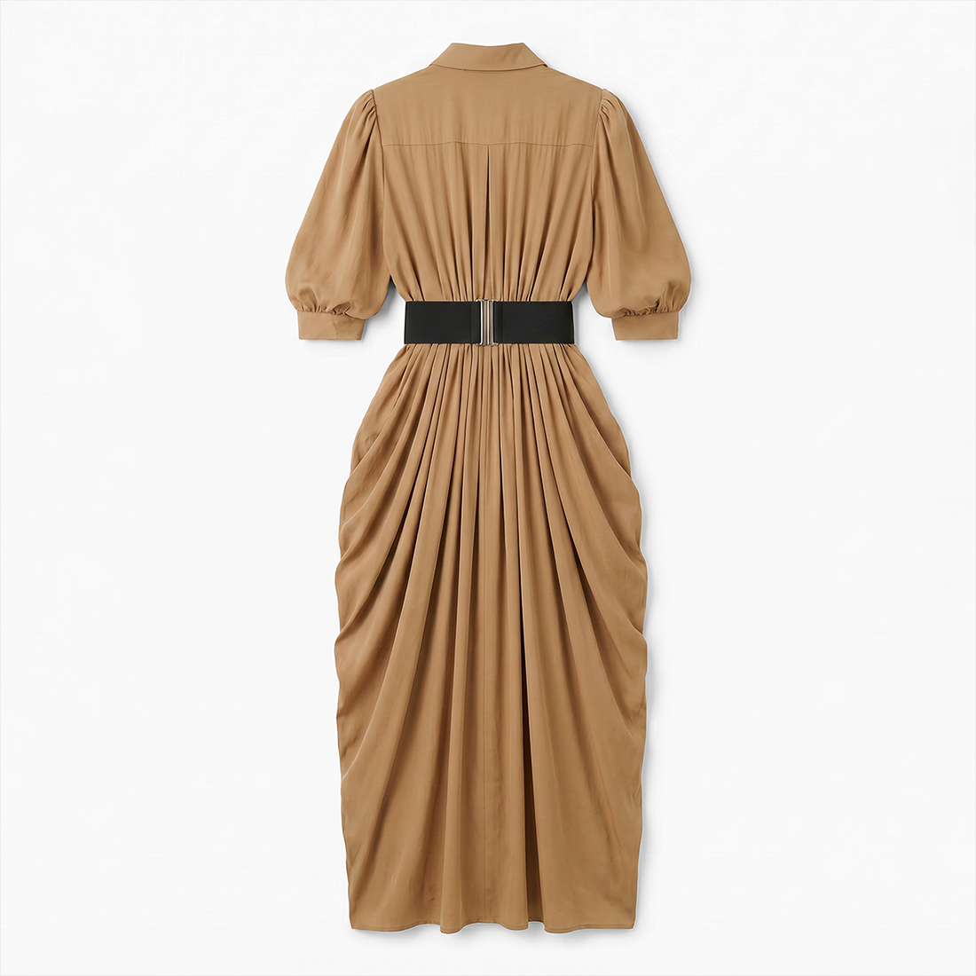 Work & Office Maxi Shirt Dress Polyester Chic Shirt Collar Solid Belted Long Sleeve Dress - MYTHSIS