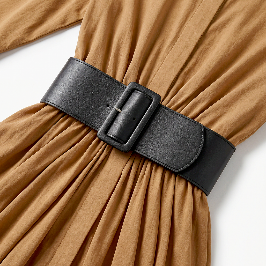 Work & Office Maxi Shirt Dress Polyester Chic Shirt Collar Solid Belted Long Sleeve Dress - MYTHSIS