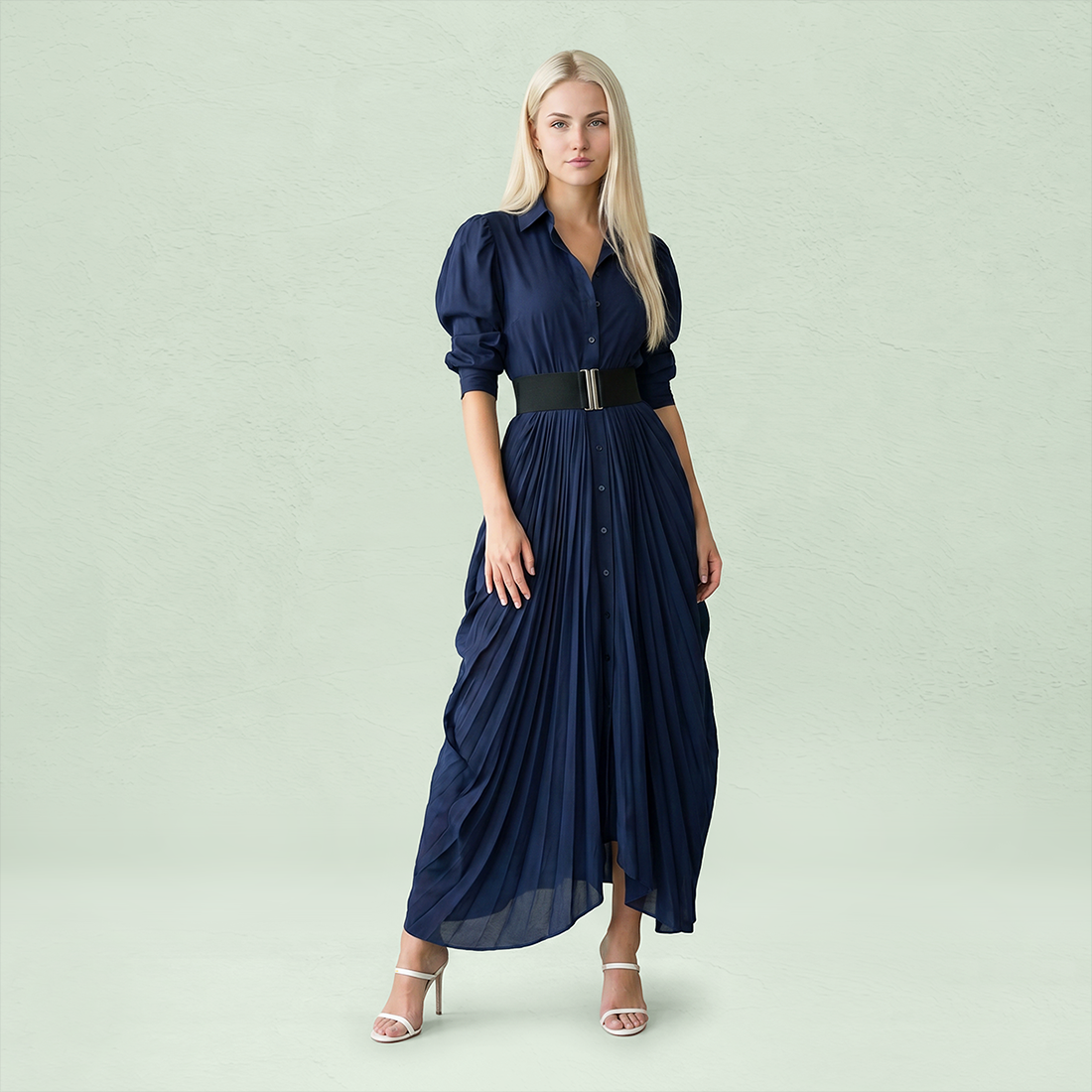 Work & Office Maxi Shirt Dress Polyester Chic Shirt Collar Solid Belted Long Sleeve Dress - MYTHSIS