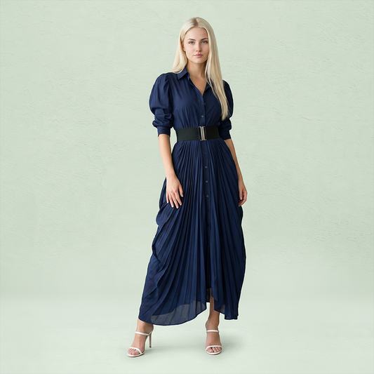 Work & Office Maxi Shirt Dress Polyester Chic Shirt Collar Solid Belted Long Sleeve Dress - MYTHSIS