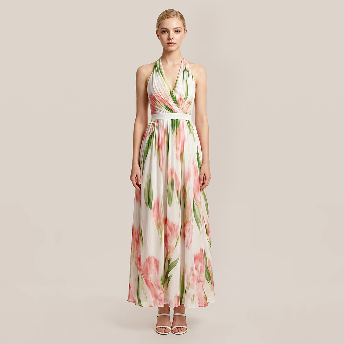 【Vacation】 Midi Full Skirt Polyester Boho Halter Floral Backless Dress - MYTHSIS