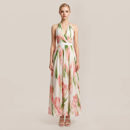 【Vacation】 Midi Full Skirt Polyester Boho Halter Floral Backless Dress - MYTHSIS