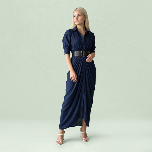Work & Office Maxi Shirt Dress Polyester Chic Shirt Collar Solid Belted Long Sleeve Dress - MYTHSIS