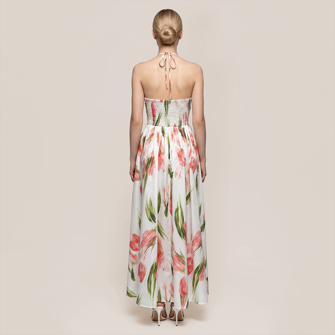 【Vacation】 Midi Full Skirt Polyester Boho Halter Floral Backless Dress - MYTHSIS