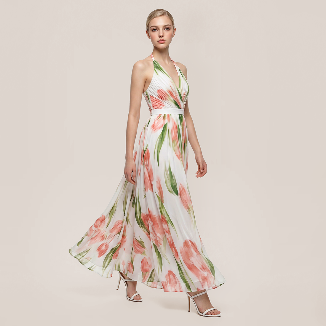 【Vacation】 Midi Full Skirt Polyester Boho Halter Floral Backless Dress - MYTHSIS