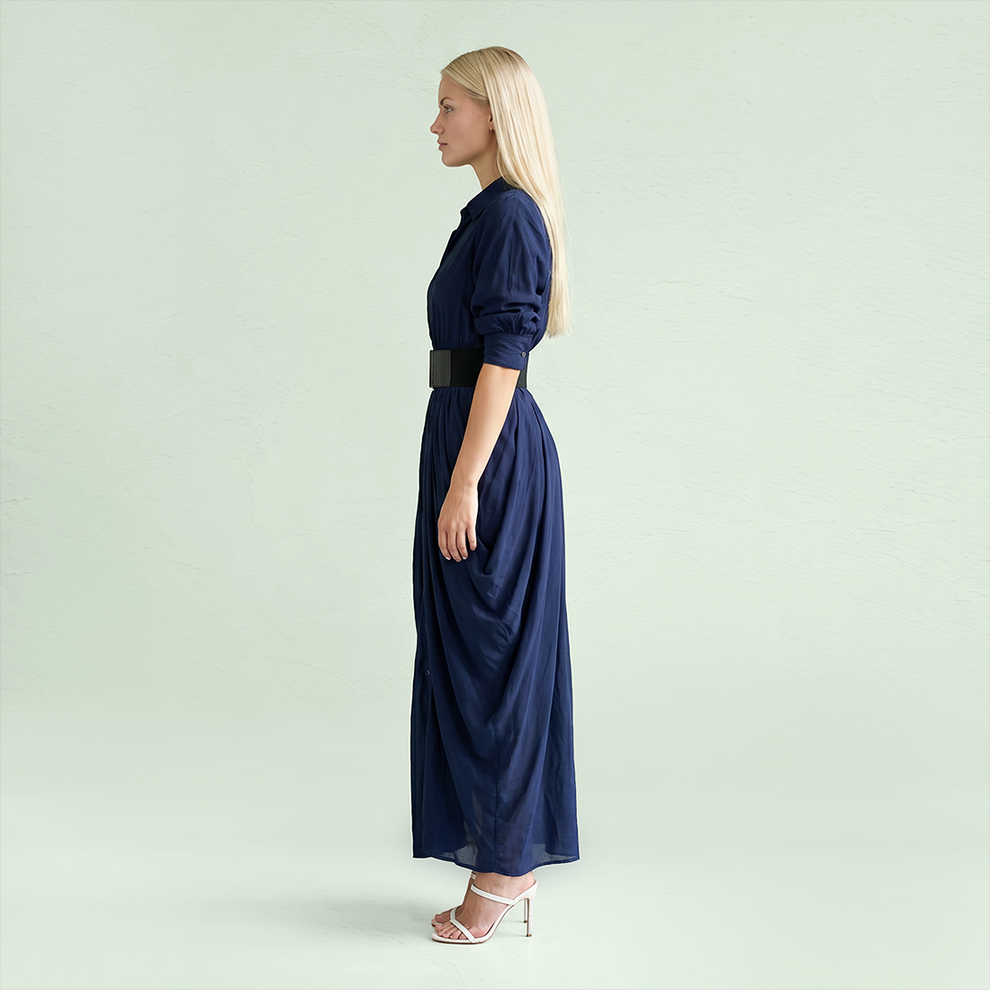 Work & Office Maxi Shirt Dress Polyester Chic Shirt Collar Solid Belted Long Sleeve Dress - MYTHSIS