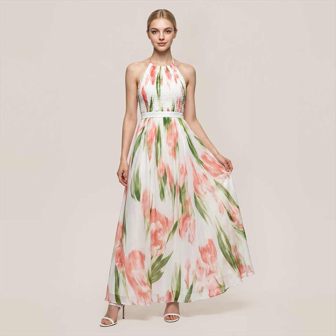 【Vacation】 Midi Full Skirt Polyester Boho Halter Floral Backless Dress - MYTHSIS