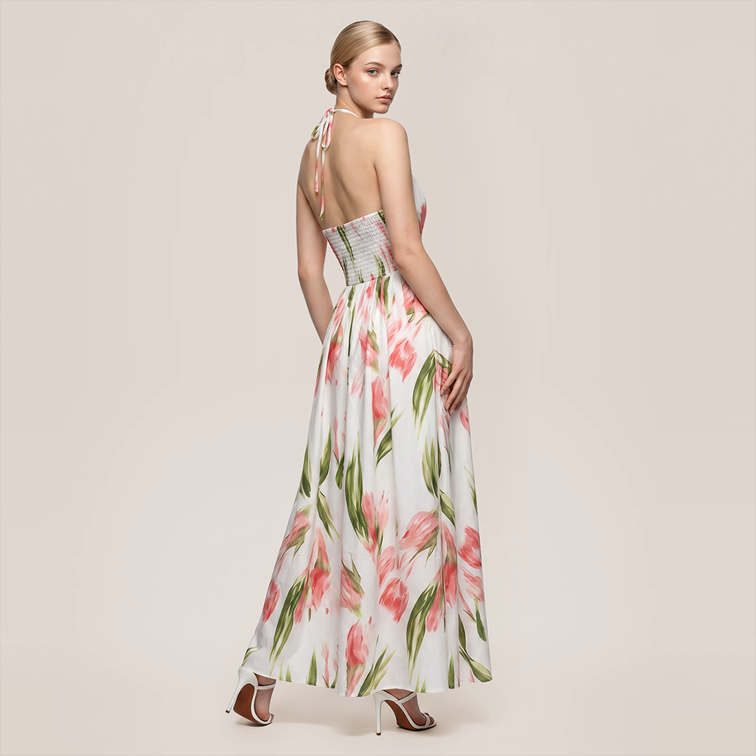 【Vacation】 Midi Full Skirt Polyester Boho Halter Floral Backless Dress - MYTHSIS