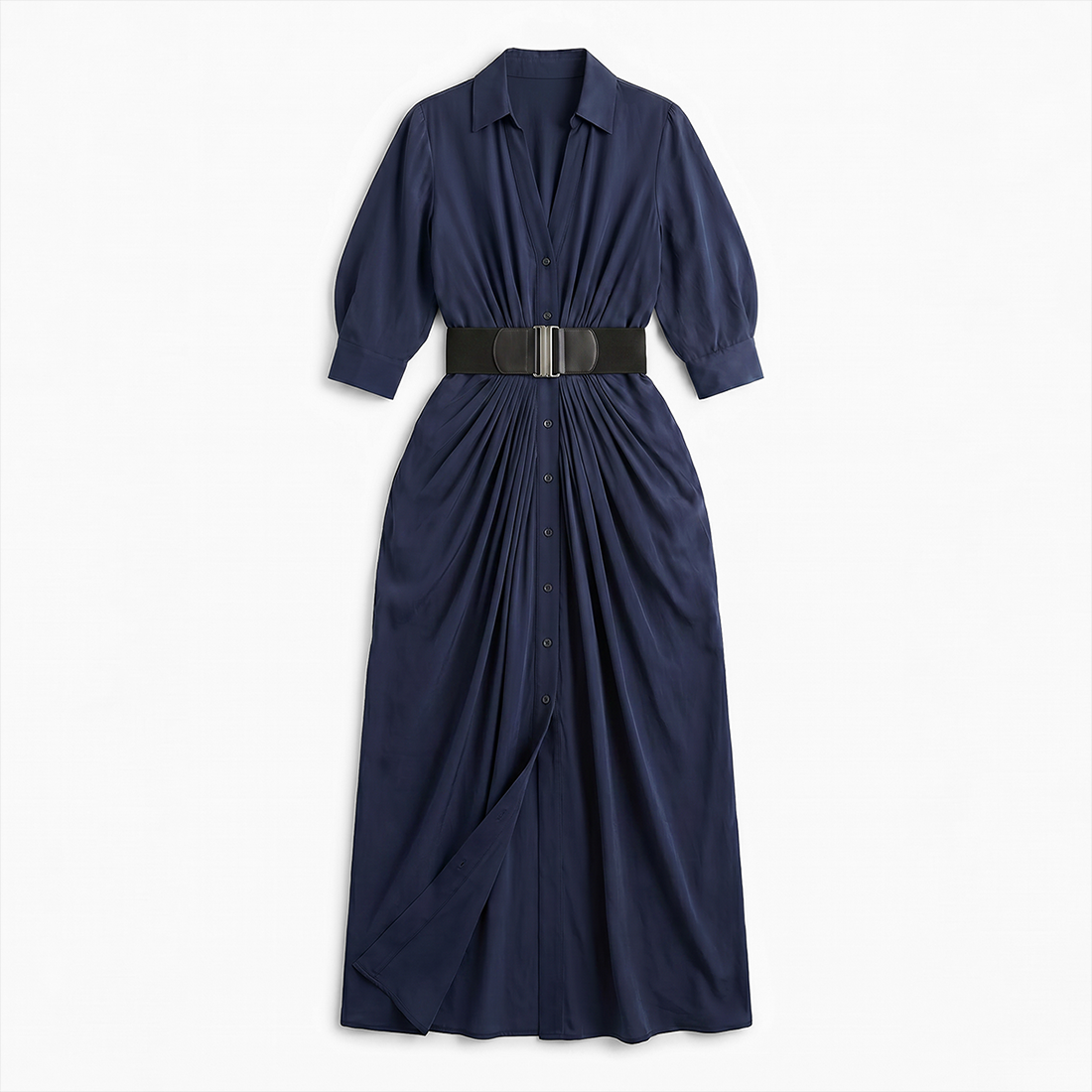 Work & Office Maxi Shirt Dress Polyester Chic Shirt Collar Solid Belted Long Sleeve Dress - MYTHSIS