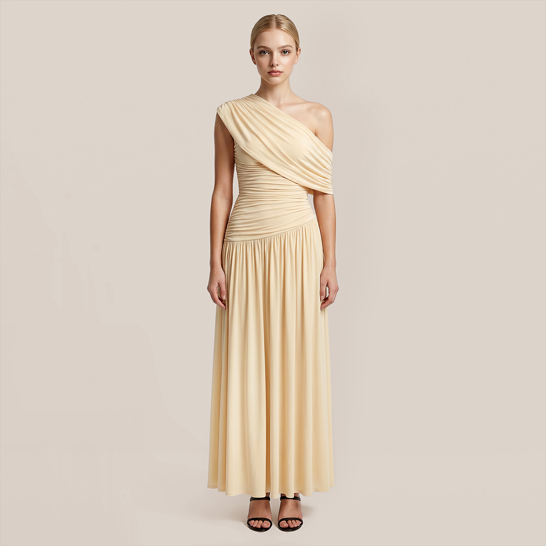 Casual Polyester Solid Color One-Shoulder Maxi Asymmetric Dress - MYTHSIS