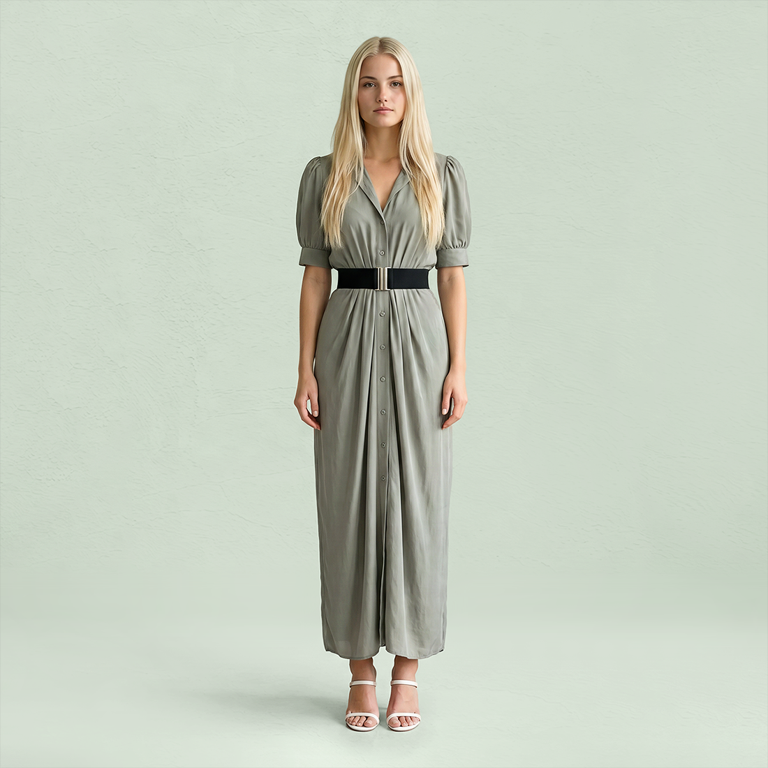 Work & Office Maxi Shirt Dress Polyester Chic Shirt Collar Solid Belted Long Sleeve Dress - MYTHSIS