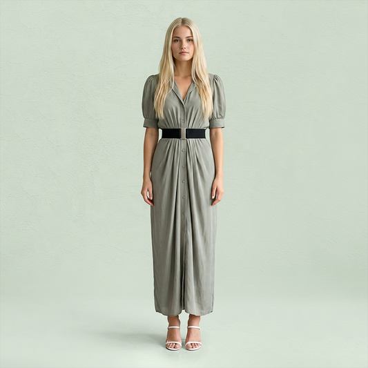 Work & Office Maxi Shirt Dress Polyester Chic Shirt Collar Solid Belted Long Sleeve Dress - MYTHSIS