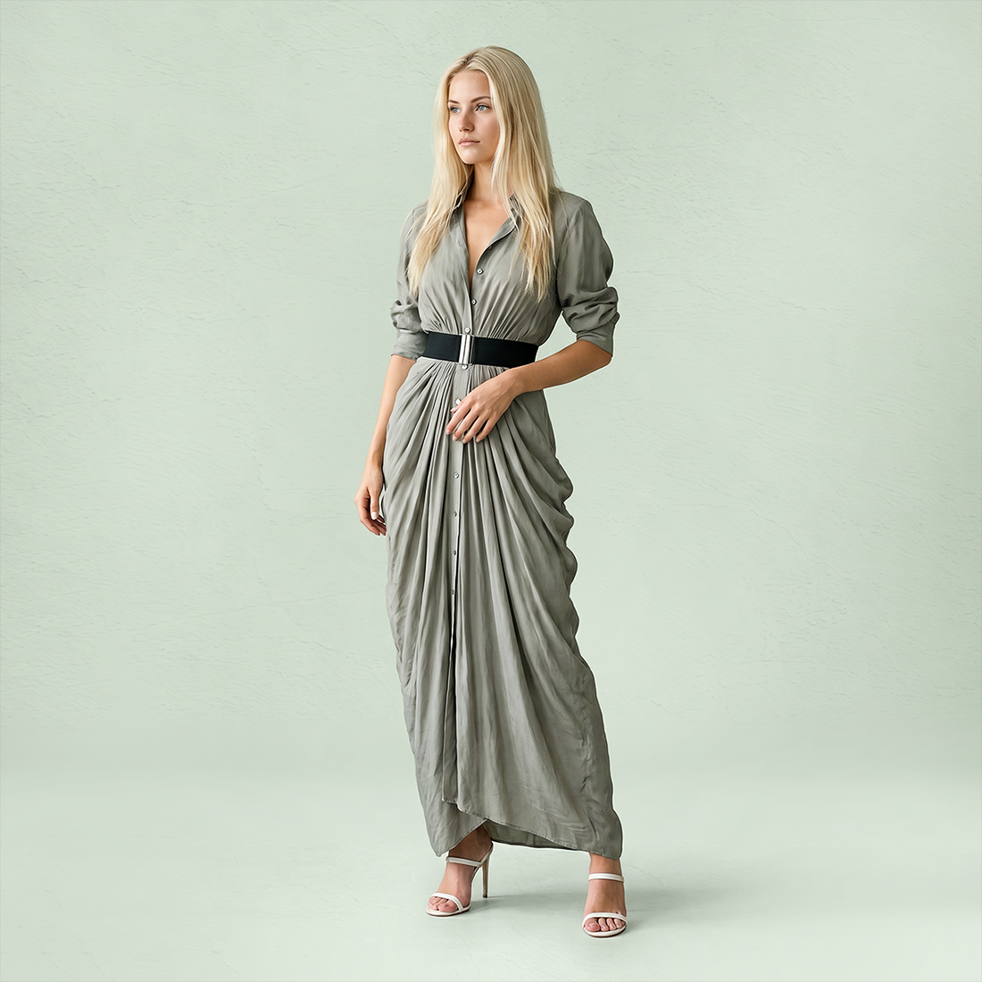 Work & Office Maxi Shirt Dress Polyester Chic Shirt Collar Solid Belted Long Sleeve Dress - MYTHSIS