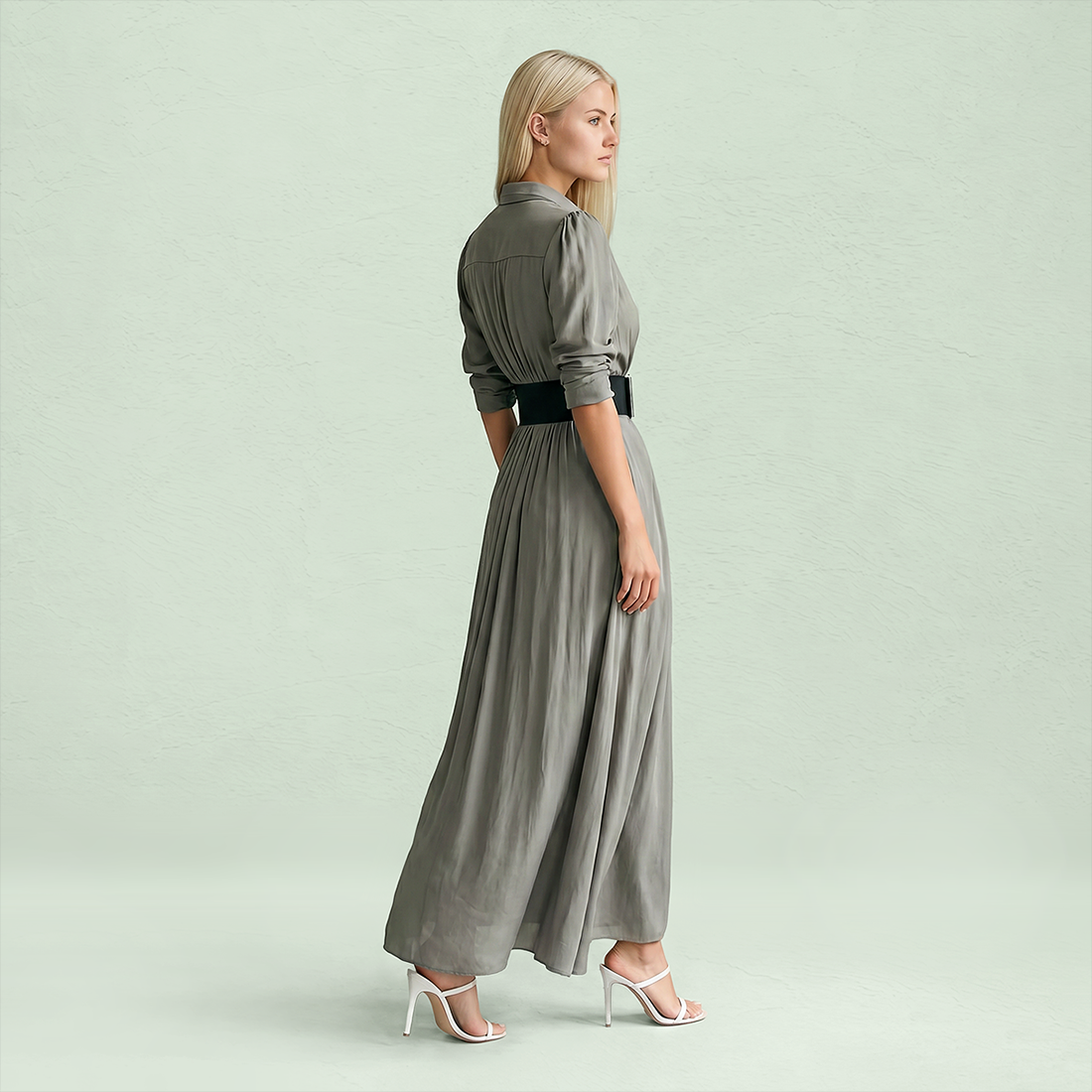 Work & Office Maxi Shirt Dress Polyester Chic Shirt Collar Solid Belted Long Sleeve Dress - MYTHSIS