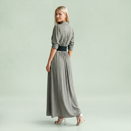Work & Office Maxi Shirt Dress Polyester Chic Shirt Collar Solid Belted Long Sleeve Dress - MYTHSIS