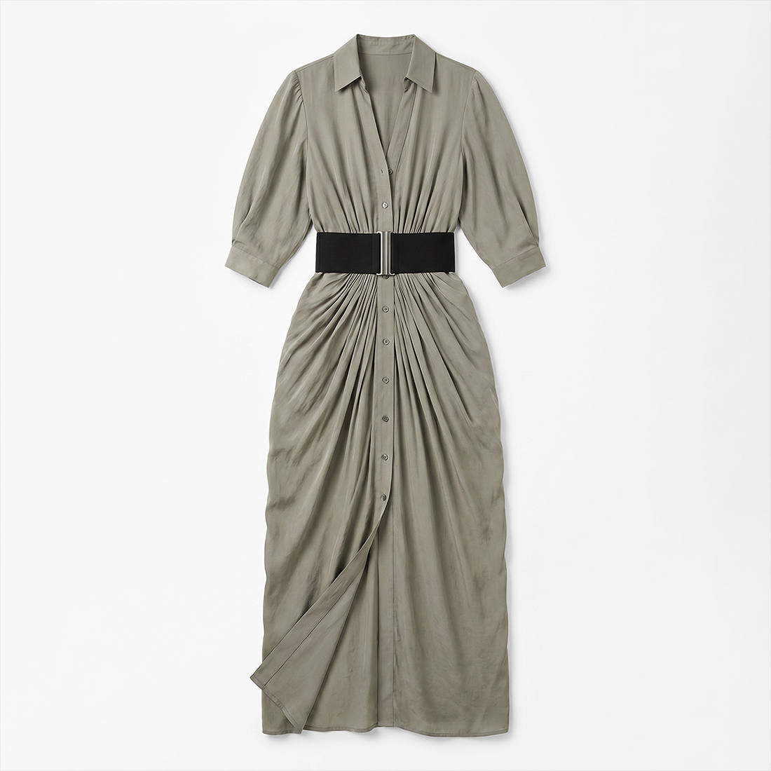Work & Office Maxi Shirt Dress Polyester Chic Shirt Collar Solid Belted Long Sleeve Dress - MYTHSIS