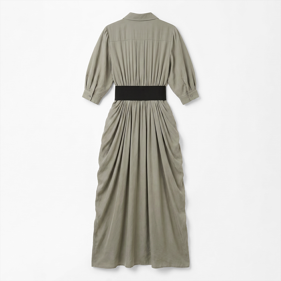Work & Office Maxi Shirt Dress Polyester Chic Shirt Collar Solid Belted Long Sleeve Dress - MYTHSIS