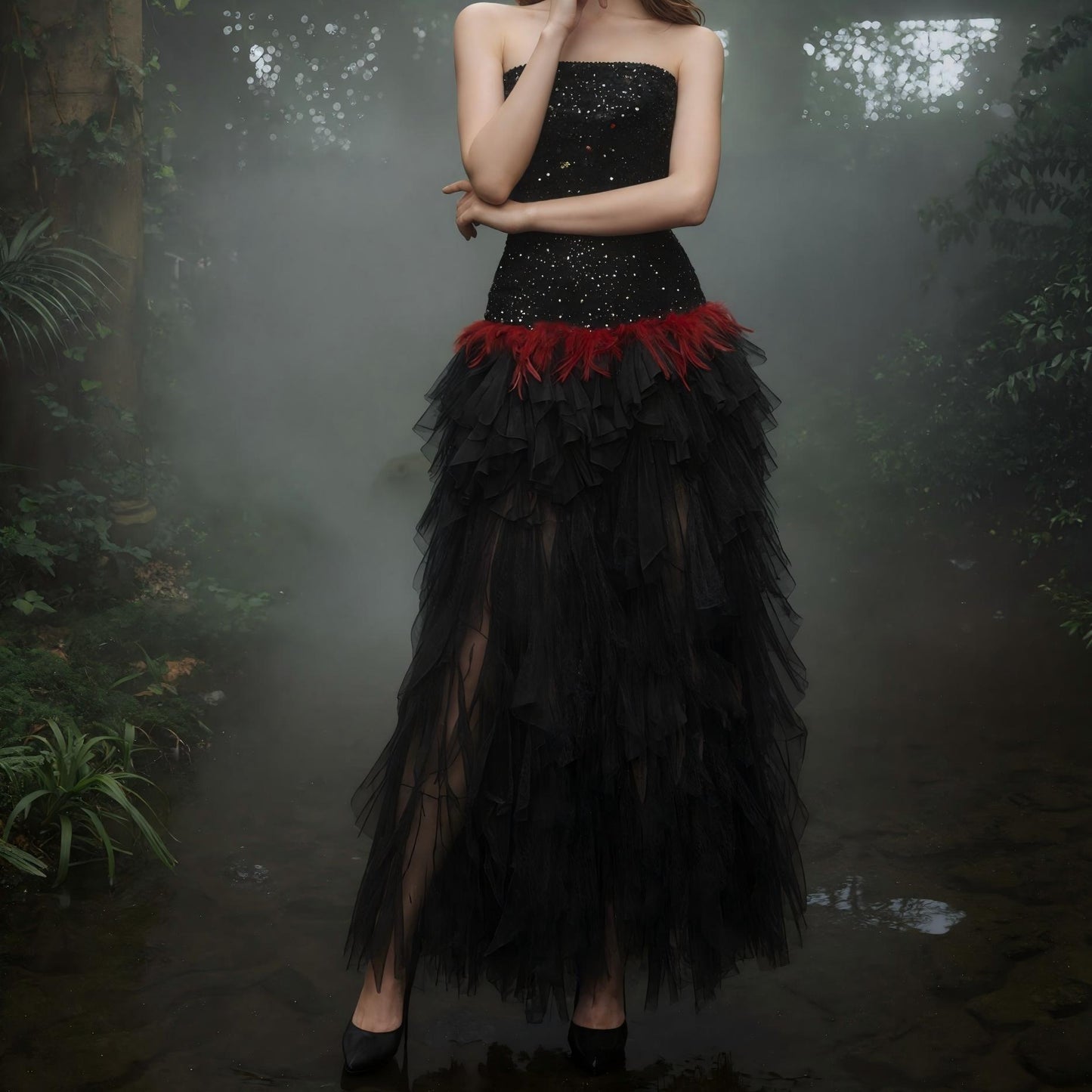 【Party & Event】 Maxi A-Line Sequin Polyester Sexy Strapless Rhinestone Feather Mesh Dress - MYTHSIS
