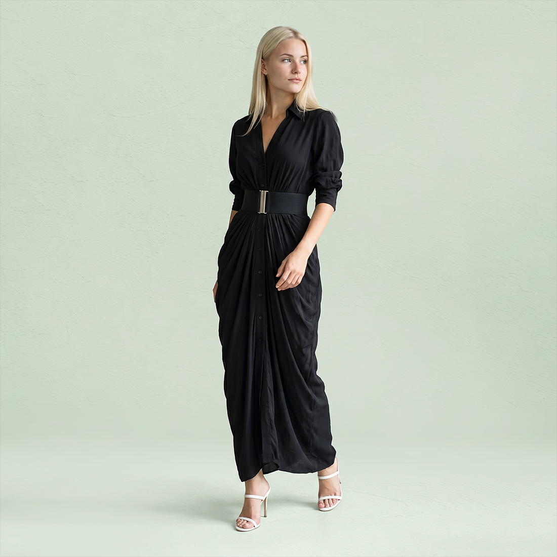 Work & Office Maxi Shirt Dress Polyester Chic Shirt Collar Solid Belted Long Sleeve Dress - MYTHSIS