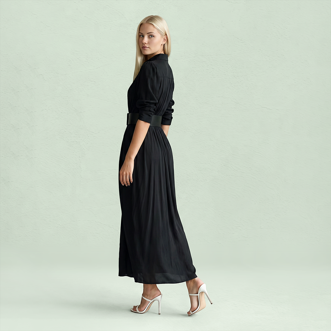 Work & Office Maxi Shirt Dress Polyester Chic Shirt Collar Solid Belted Long Sleeve Dress - MYTHSIS