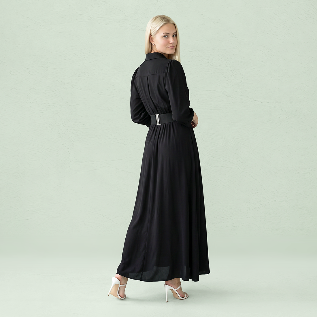 Work & Office Maxi Shirt Dress Polyester Chic Shirt Collar Solid Belted Long Sleeve Dress - MYTHSIS