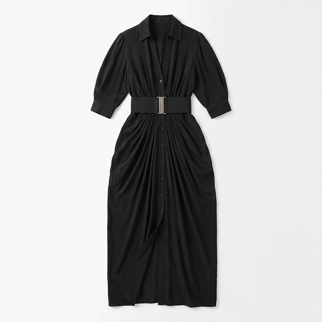 Work & Office Maxi Shirt Dress Polyester Chic Shirt Collar Solid Belted Long Sleeve Dress - MYTHSIS