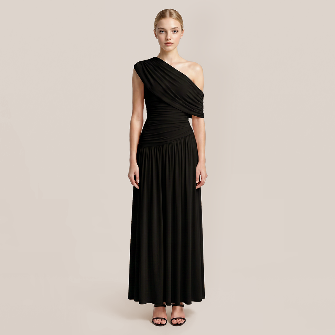 【Casual Everyday】 Maxi Irregular Polyester Chic One-Shoulder Pleated Dress - MYTHSIS