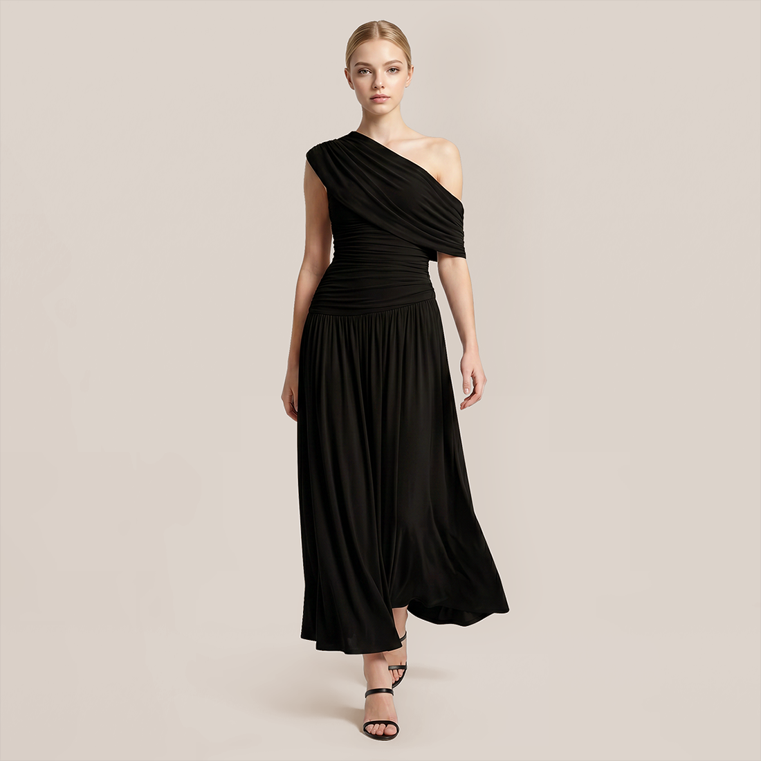 【Casual Everyday】 Maxi Irregular Polyester Chic One-Shoulder Pleated Dress - MYTHSIS