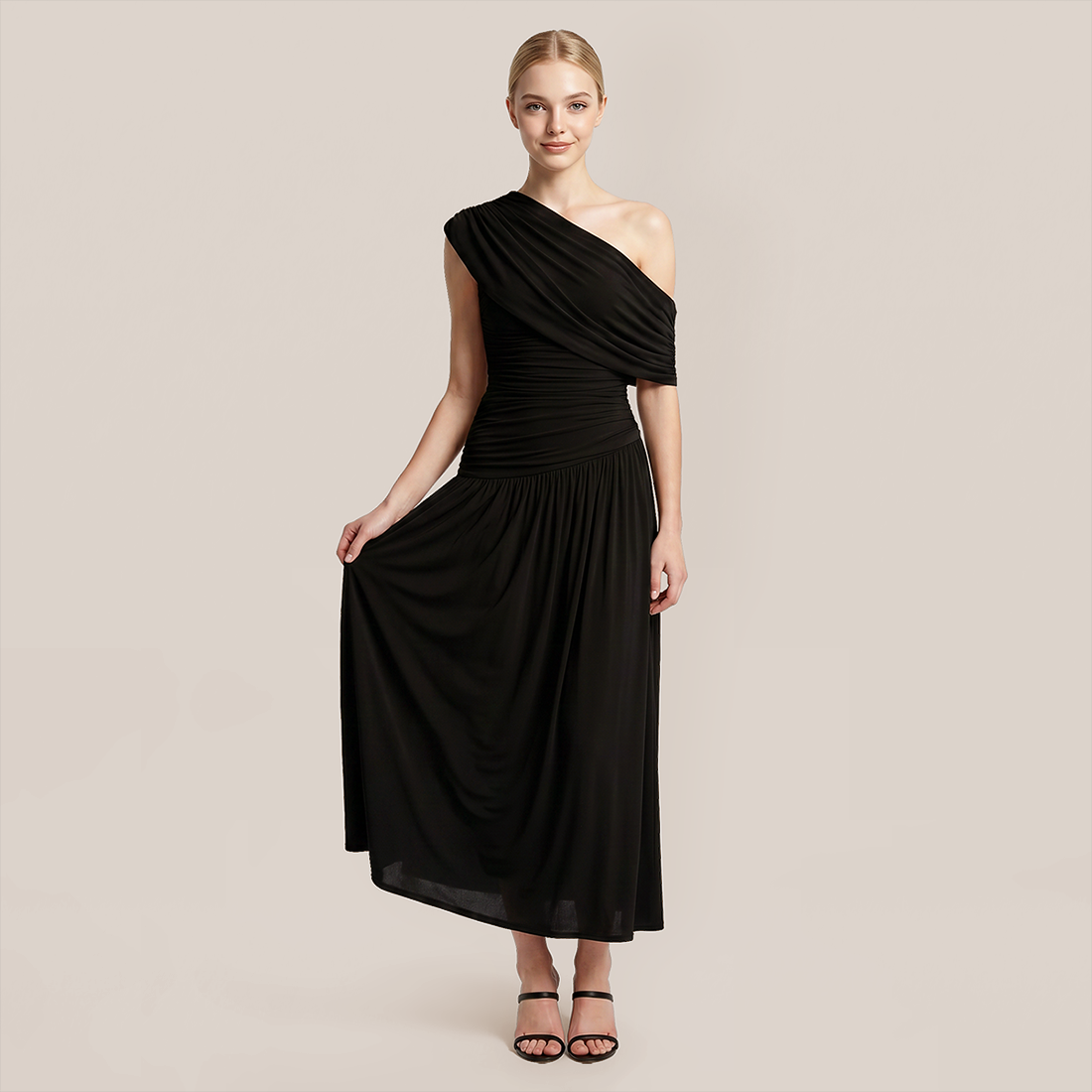 【Casual Everyday】 Maxi Irregular Polyester Chic One-Shoulder Pleated Dress - MYTHSIS