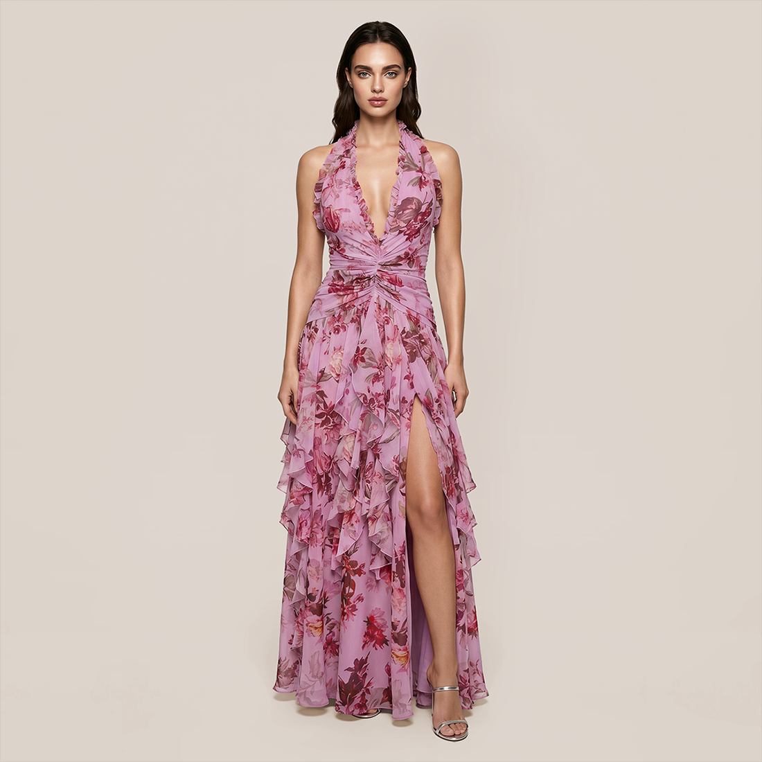 Vacation Maxi A-Line Satin Ruffle HalterFlowy Dress - MYTHSIS