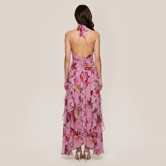 Vacation Maxi A-Line Satin Ruffle HalterFlowy Dress - MYTHSIS