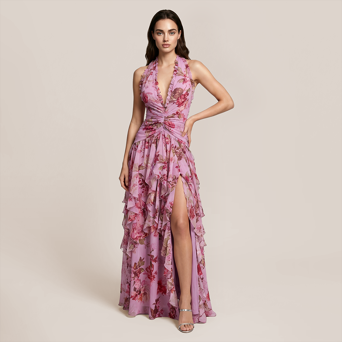 Vacation Maxi A-Line Satin Ruffle HalterFlowy Dress - MYTHSIS