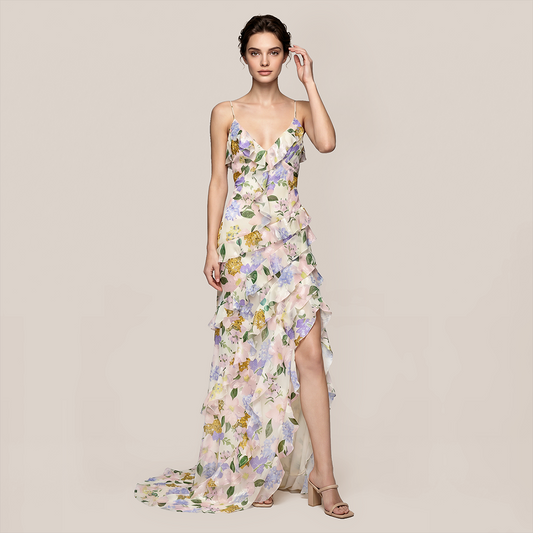【Vacation】 Maxi A-Line Chiffon Boho U-Neck 3D Floral Dress - MYTHSIS