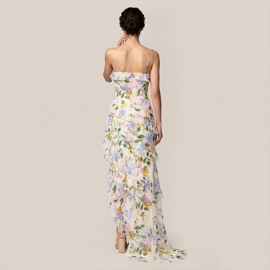 【Vacation】 Maxi A-Line Chiffon Boho U-Neck 3D Floral Dress - MYTHSIS