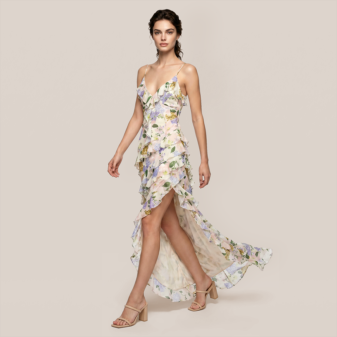 【Vacation】 Maxi A-Line Chiffon Boho U-Neck 3D Floral Dress - MYTHSIS