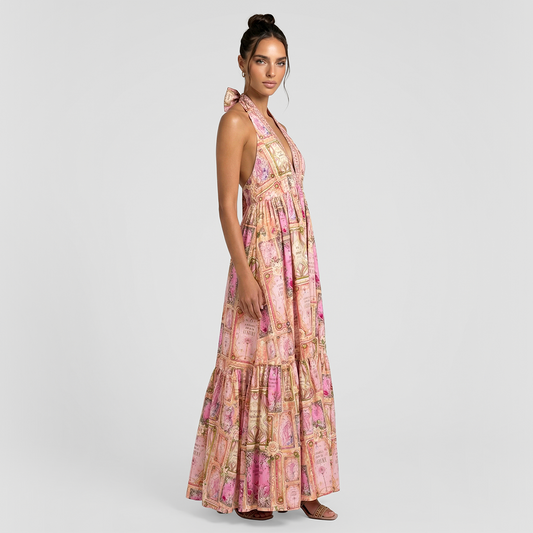 Vacation style V-neck hanging neck Maxi dress