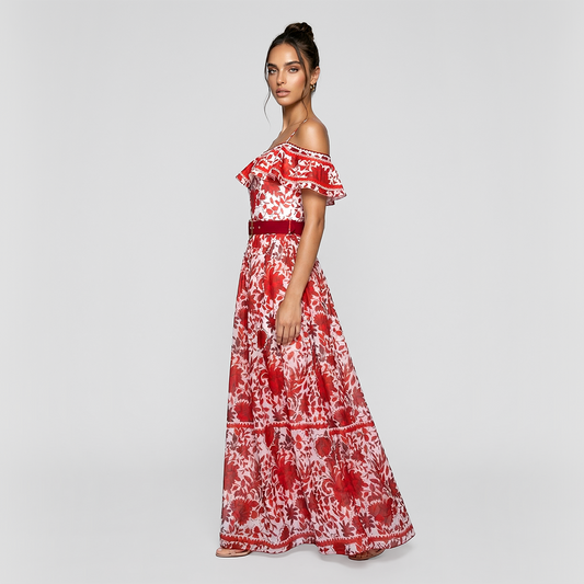 Lotus leaf arrangement vacation style floral jumpsuit long skirt