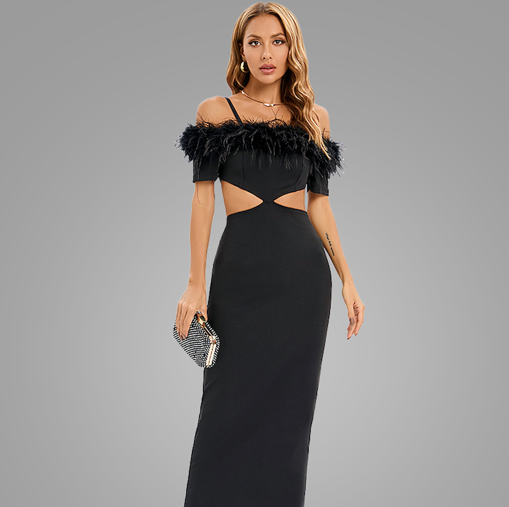 【Party & Event】 Maxi Sheath Polyester Glam Off-Shoulder Feather Spliced Dress - MYTHSIS