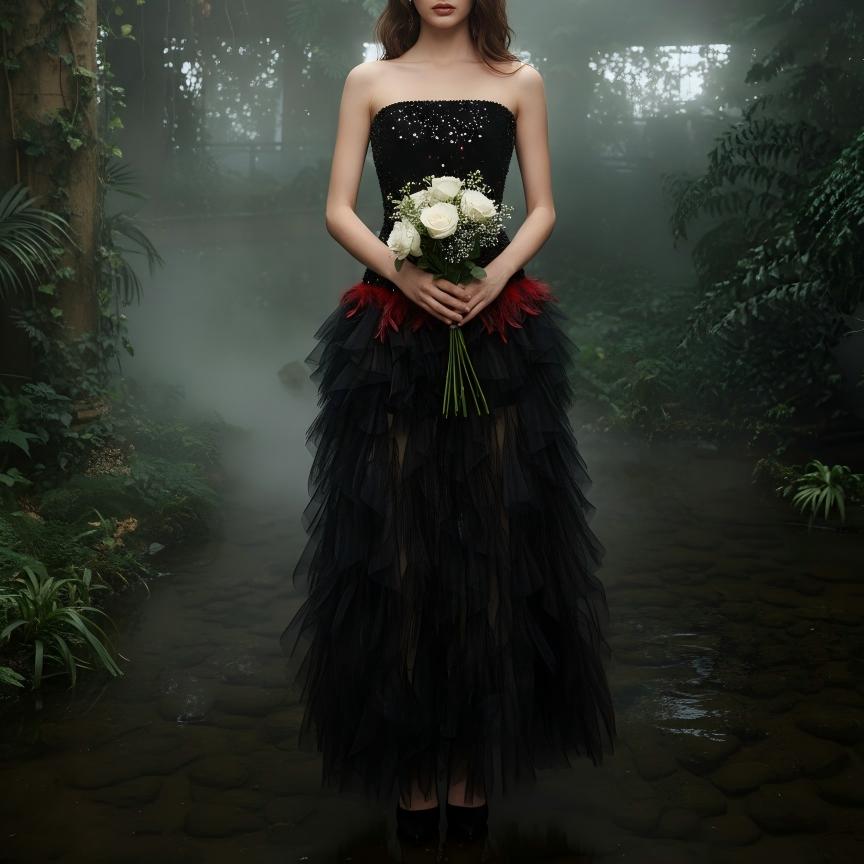 【Party & Event】 Maxi A-Line Sequin Polyester Sexy Strapless Rhinestone Feather Mesh Dress - MYTHSIS
