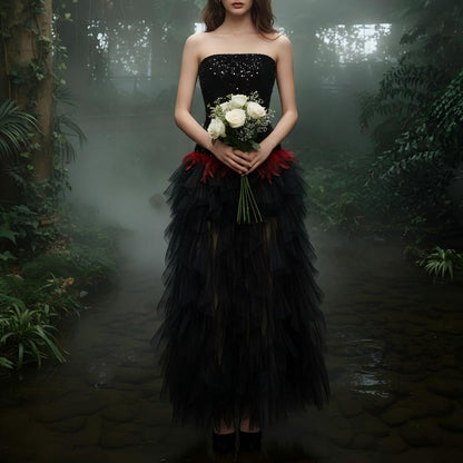 【Party & Event】 Maxi A-Line Sequin Polyester Sexy Strapless Rhinestone Feather Mesh Dress - MYTHSIS