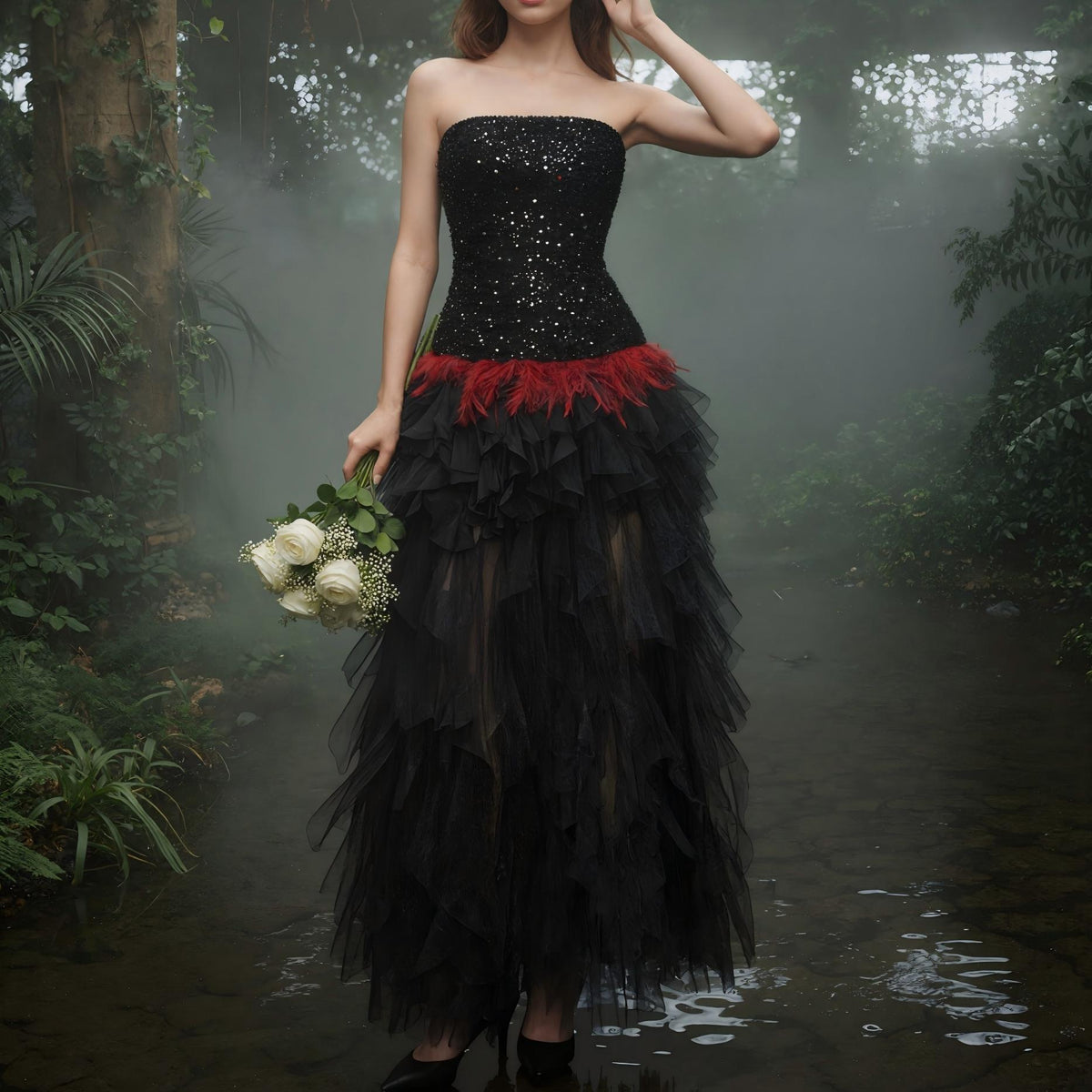 【Party & Event】 Maxi A-Line Sequin Polyester Sexy Strapless Rhinestone Feather Mesh Dress - MYTHSIS