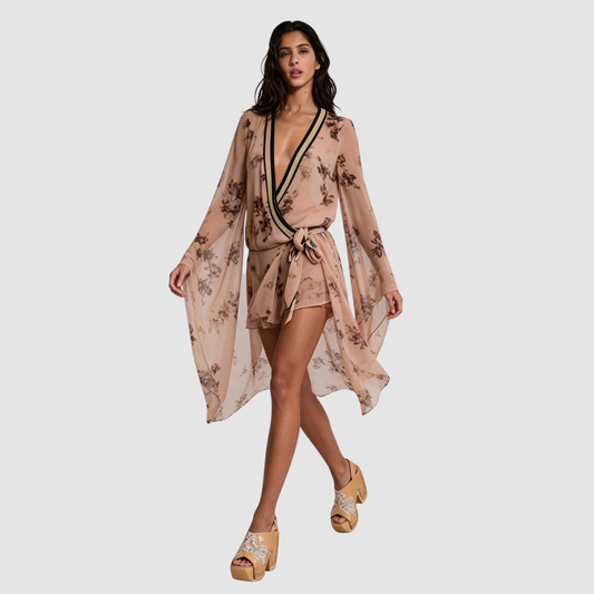 Wholesale Women's Floral Deep V Mini Dress – Tie-Waist Bell-Sleeve Bodycon
