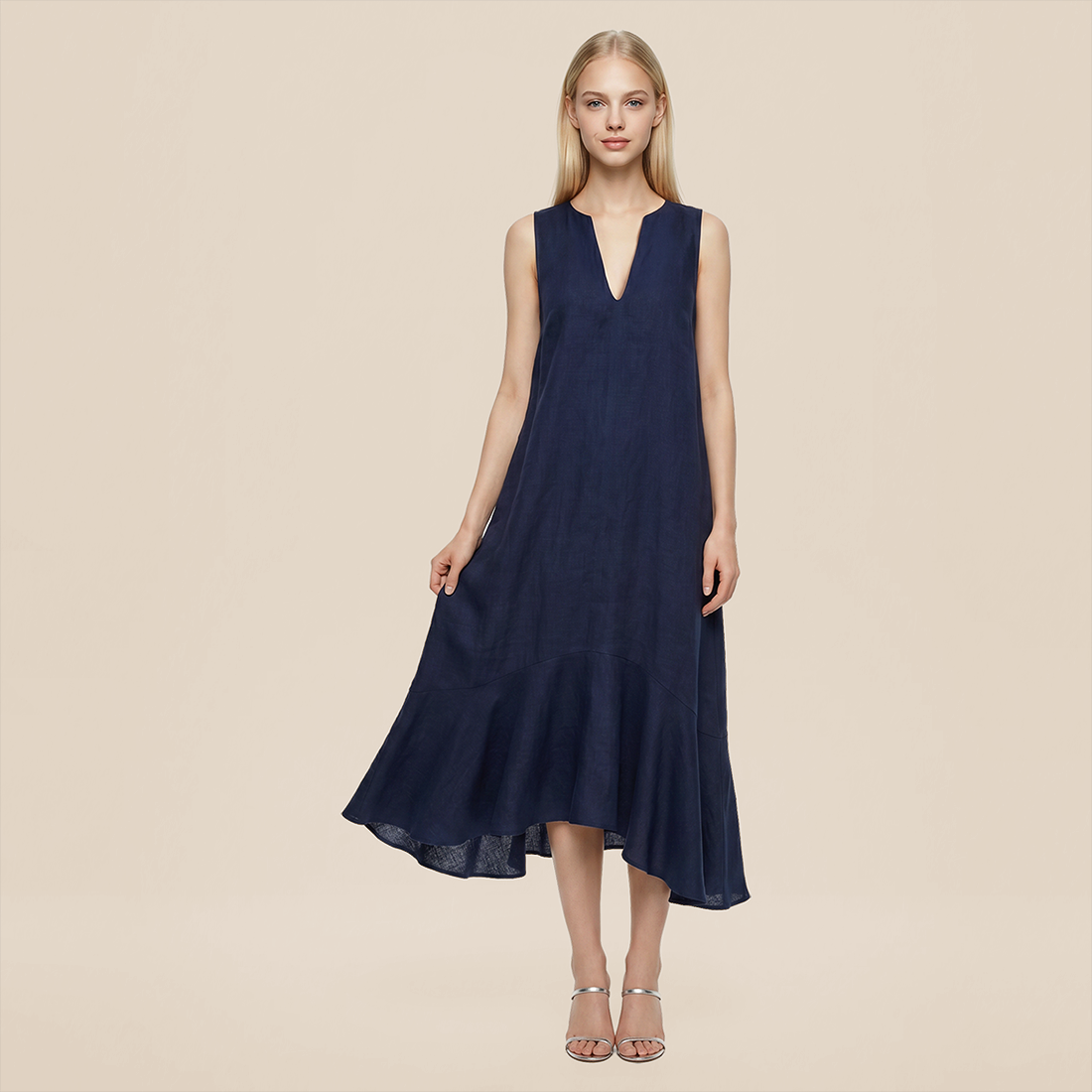Casual Everyday Maxi A-Line Polyester Simple Deep V-Neck Asymmetric Dress - MYTHSIS